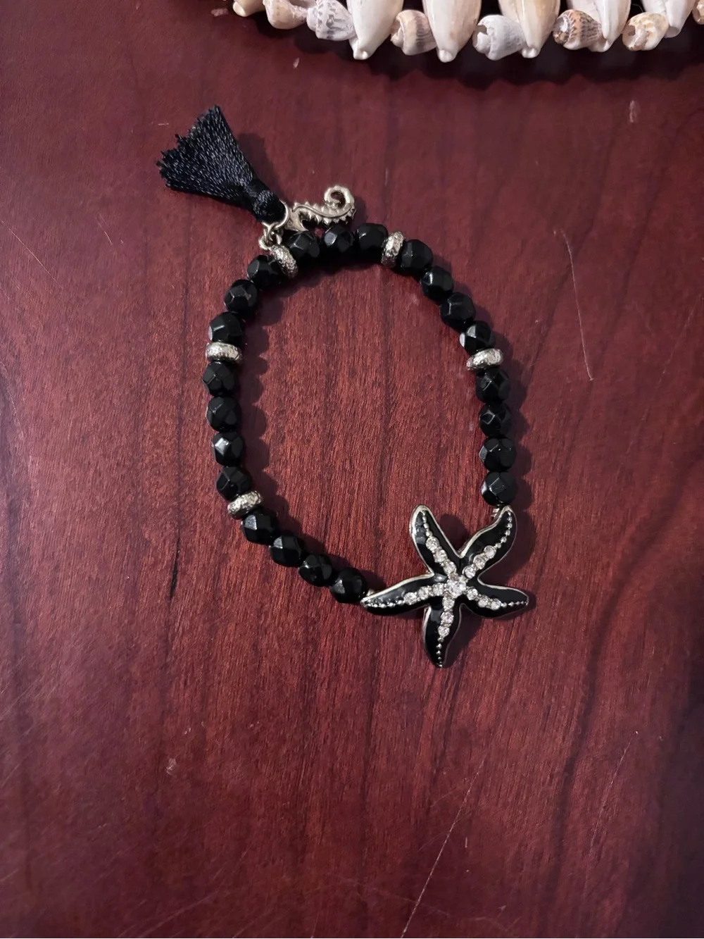 Black Beaded Starfish/Seahorse  Charm Bracelet with Tassel